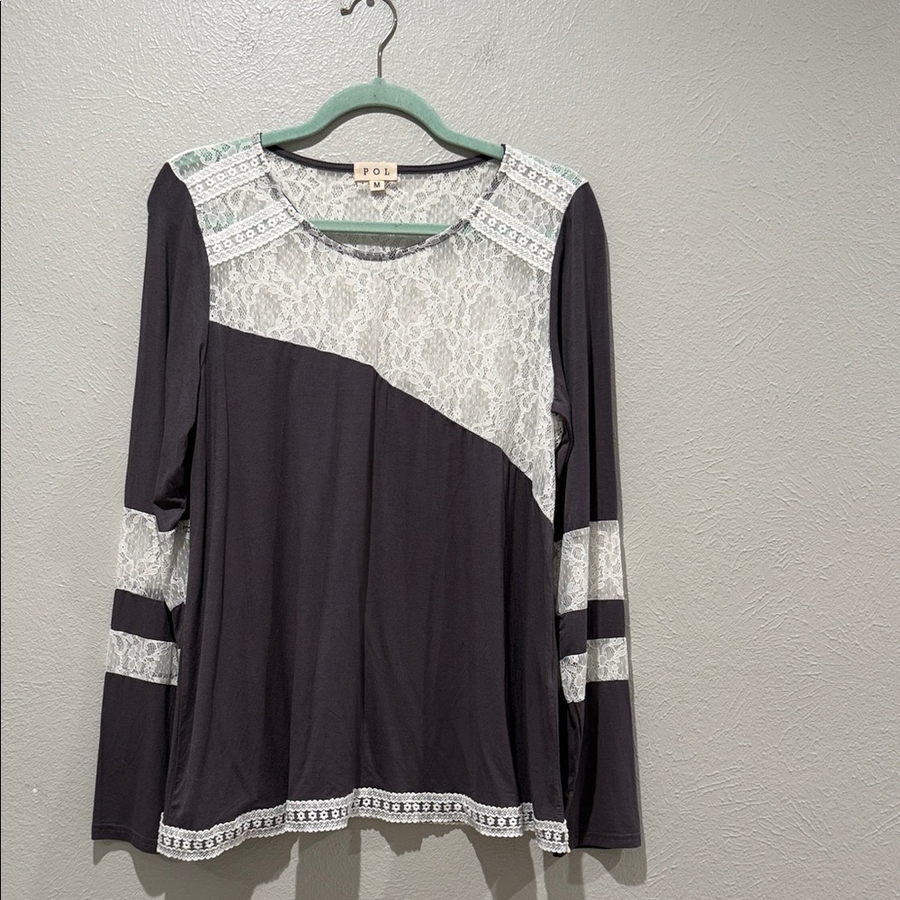 POL Black Long Sleeve Top with White Lace Insets. PTP 21”, Length 27”